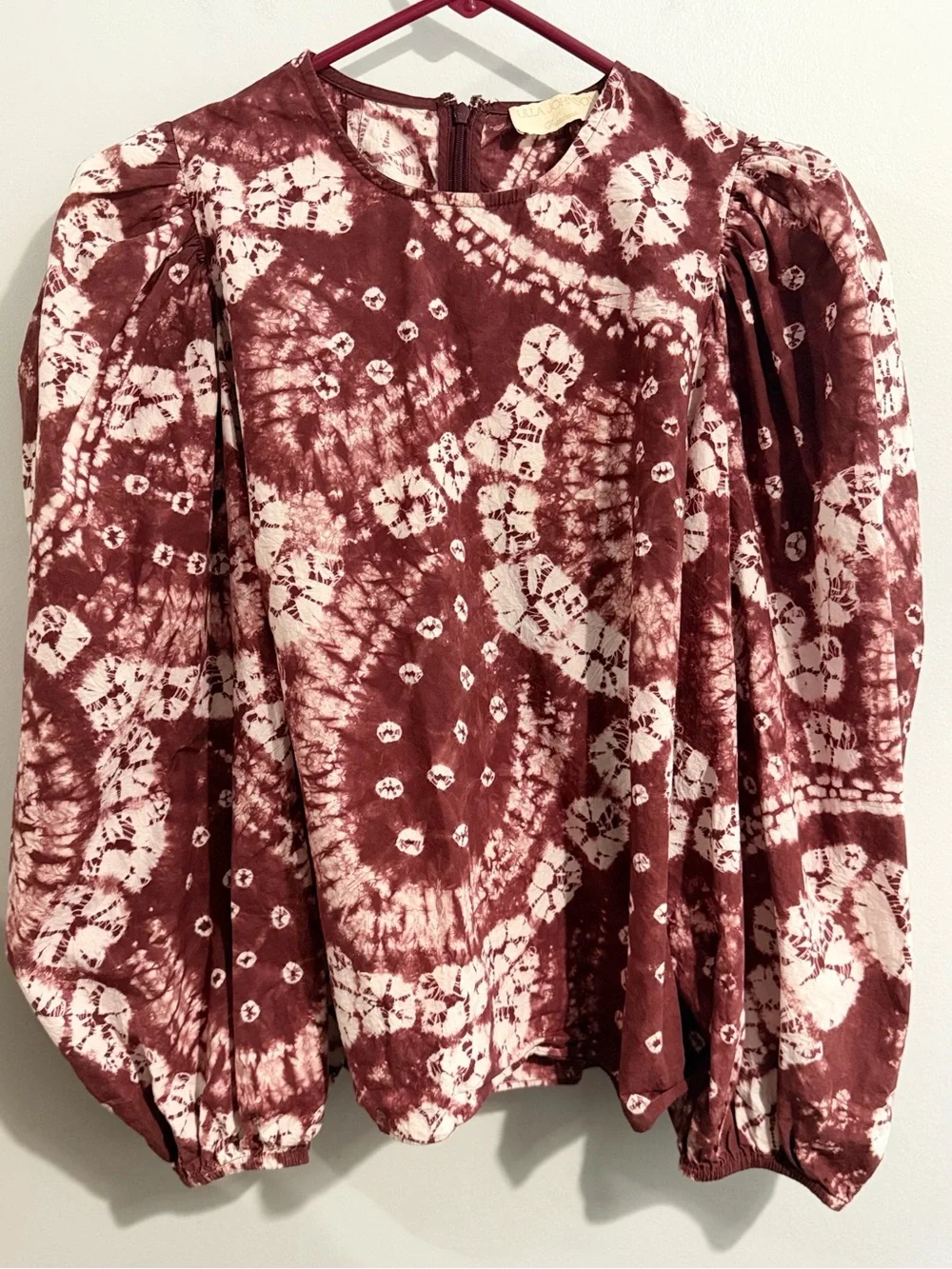 Ulla Johnson Shibori Tie Dye Puff Sleeve Blouse Women’s Size 8 Burgundy Cotton